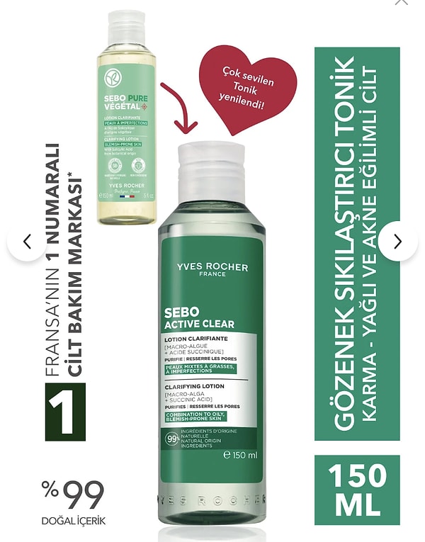 Yves Rocher tüm cilt bakımında net %25 indirim ve Sebo Tonik 419,90 TL özel fiyatıyla!