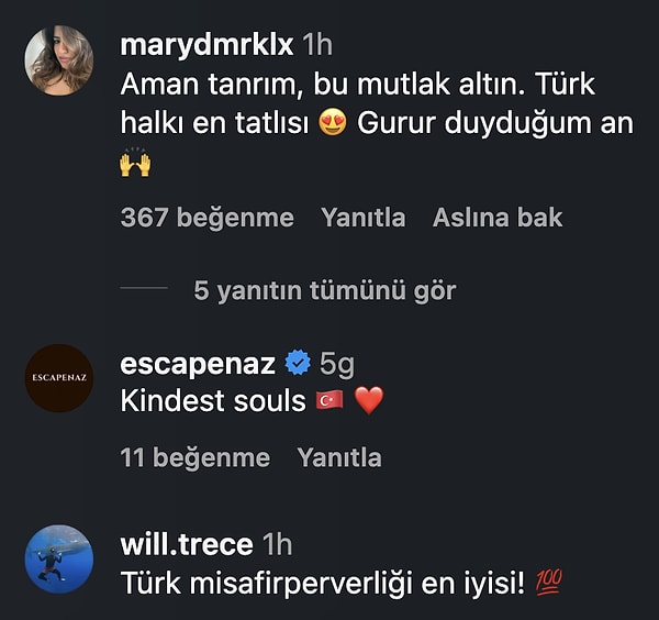 Diğer yabancı hesaplar da Türk misafirperverliğinden dem vurdu.