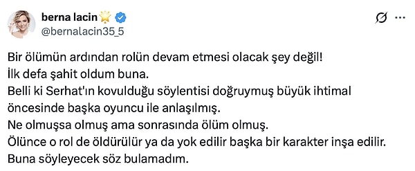 Berna Laçin, Serhat Kılıç’ın vefatının ardından Yadigar karakterinin başka bir oyuncuyla devam ettirilmesine tepki gösterdi.