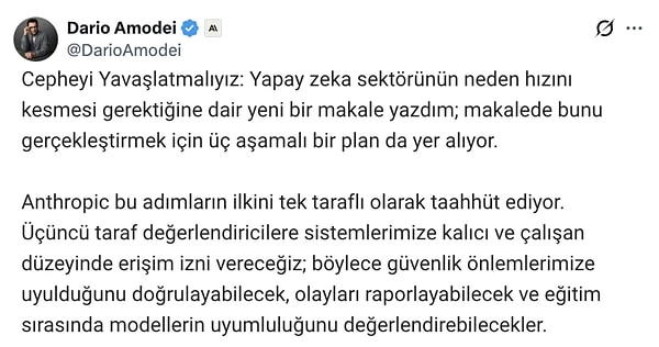 Dario Amodei: “AI endüstrisi yavaşlamalı”
