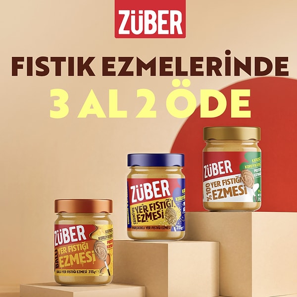 Züber %100 yer fıstığı ezmelerinde '3 Al 2 Öde' fırsatıyla kahvaltılara çifte lezzet!