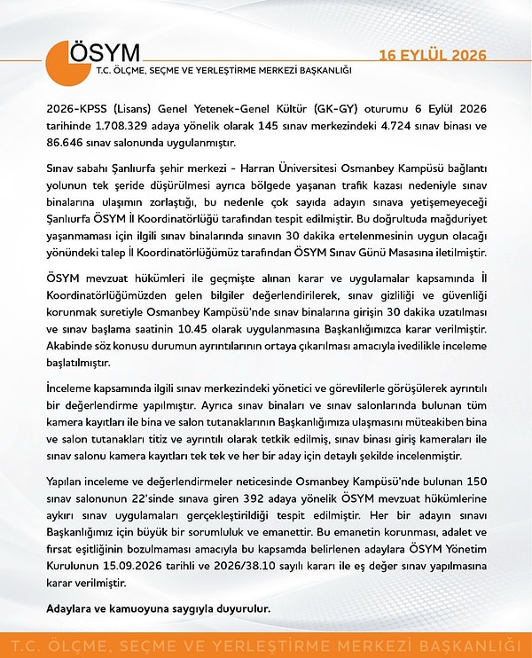 ÖSYM'den açıklamanın tamamı şöyle: