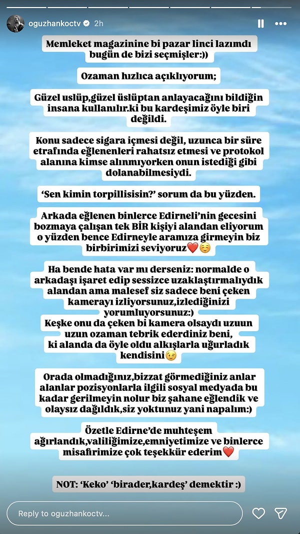 Tepkiler büyürken Oğuzhan Koç sessizliğini bozdu. Anlattıklarına bakılırsa mesele, sahnenin önünden sigarayla geçen bir seyirciden çok daha fazlasıymış.