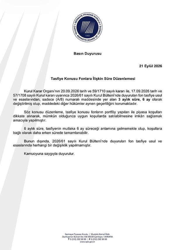 Sermaye Piyasası Kurulu (SPK), tasfiye edilecek yatırım fonlarının tasfiye süresini 3 aydan 6 aya çıkardığını duyurdu.