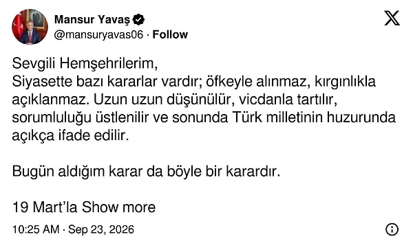 Mansur Yavaş'ın açıklamasının tamamı şöyle:
