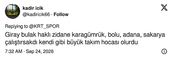 Bir takipçiye göre Zidane'ın eksiği Karagümrük ve Bolu tecrübesiydi
