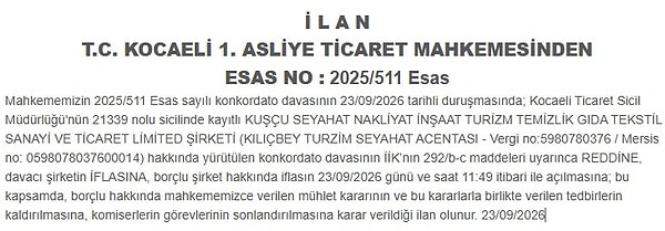 İlk karar Kocaeli'den geldi: Mahkeme, Kuşçu Seyahat'in konkordato talebini reddedip şirketin iflasına hükmetti.