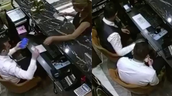 Kamera görüntüleri, resepsiyondaki çalışanların müşteriden aldığı parayı kasaya değil cebine koyduğunu ortaya koydu.
