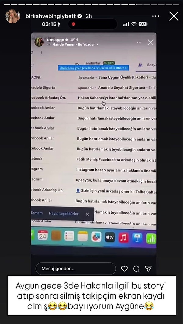 Hakan Sabancı'nın adını görünce gece saatlerinde ekran görüntüsünü paylaştı.