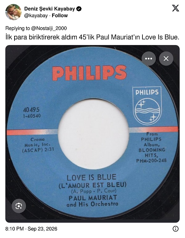 Kaset değil ama 45'lik: Paul Mauriat'nın Love Is Blue plağı