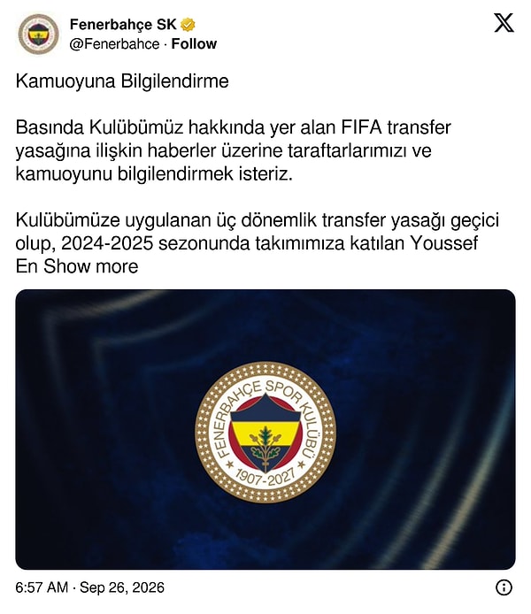 Fenerbahçe'den transfer yasağına açıklama geldi.