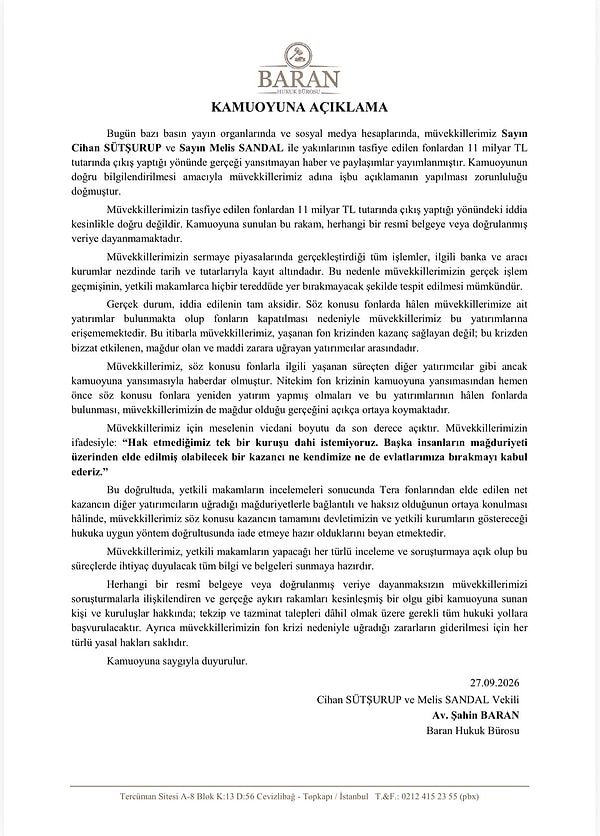 Melisa Sandal ve babasının avukatı da konuyla ilgili açıklama yapmıştı.