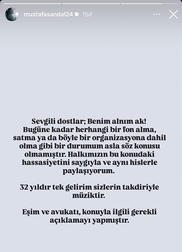 Mustafa Sandal sosyal medyadan yaptığı açıklamada "Alnım ak" dedi.