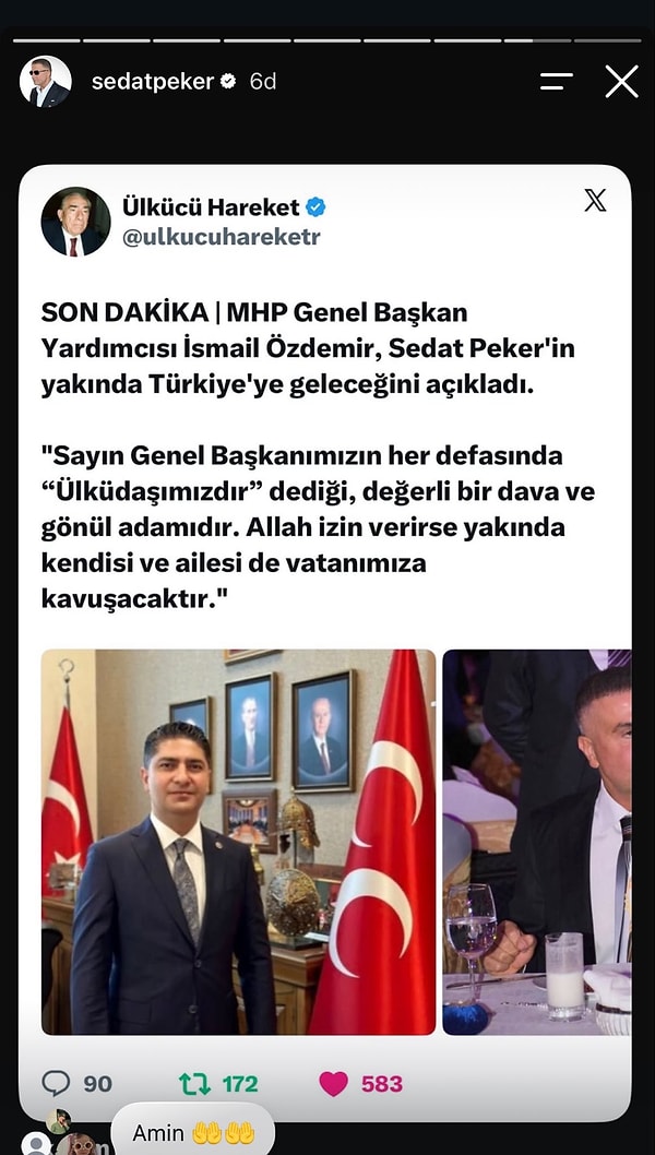 Sedat Peker de İsmail Özdemir'in mesajını sosyal medya hesabından paylaştı.