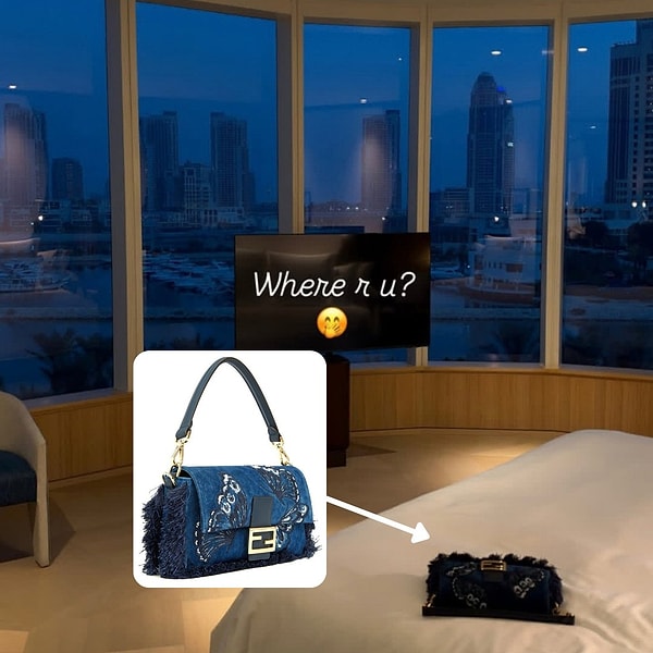 Fotoğraftaki parça, Fendi'nin ikonik Baguette modelinin işlemeli denim versiyonu.