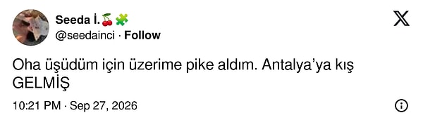 Antalya'da kış: pikeyi üstüne çekmek yetiyor