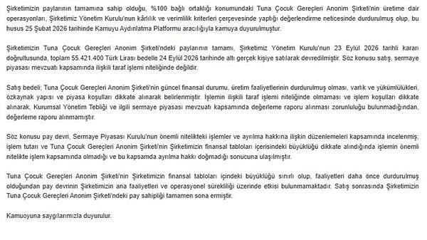 Satış kararı 23 Eylül'de alındı, payların 6 kişiye devri ise bir gün sonra tamamlandı.