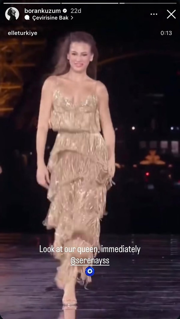Serenay Sarıkaya'nın podyum performansına en anlamlı destek, Kimler Geldi Kimler Geçti'de de birlikte rol aldığı Boran Kuzum'dan geldi.
