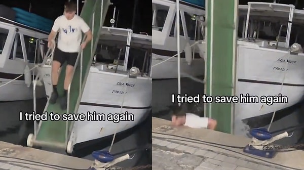Man Falls Into the Sea After Stepping on Unstable Platform During Boat Photo Pose