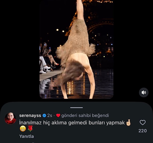 Podyumdaki neşeli tavırlarıyla dikkat çeken Serenay Sarıkaya, kendisine yapılan yapay zeka editine kayıtsız kalamadı.