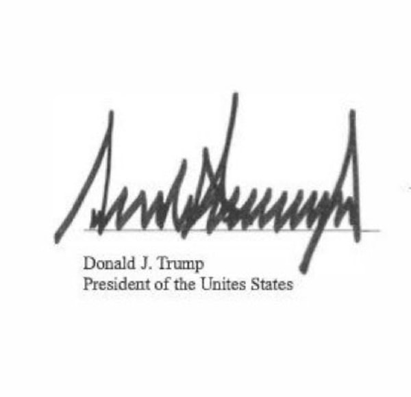Trump'ın imzasının altında "President of the Unites States" yazıyordu