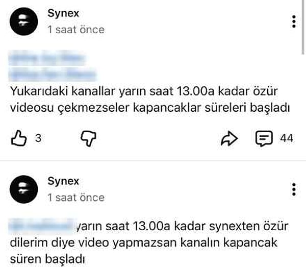 Hesaplar kanallara 24 saat süre verip başlıkta etiketlenmiş özür videosu istiyor