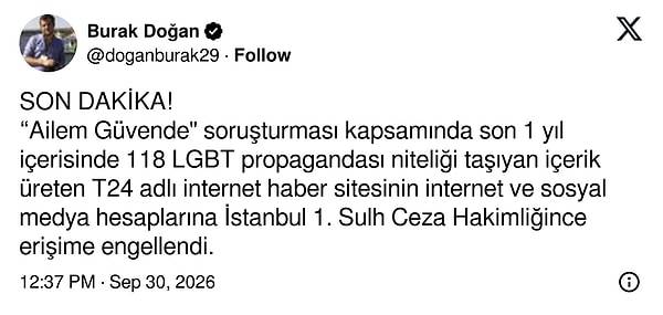 Gazeteci Burak Doğan'ın X hesabından yaptığı paylaşım şöyle👇🏻