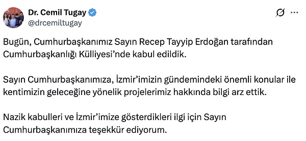 Tugay X hesabından Beştepe'deki görüşmeyle ilgili yaptığı açıklamada şu ifadeleri kullandı: