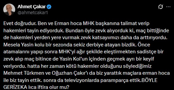Çakar paylaşımına "Evet doğrudur" diye başladı ve iddiayı zevk almak üzerinden alaya aldı.