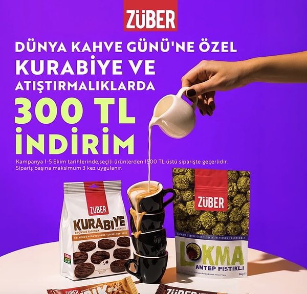 Züber Dünya Kahve Günü'ne özel kurabiye ve atıştırmalıklarda 300 TL indirim!
