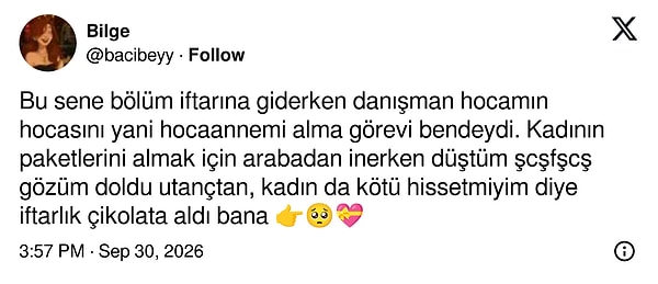 Hocasının hocasını karşılarken arabadan inip düşen öğrenciye teselli çikolatası geldi