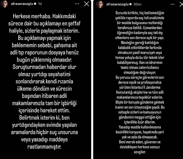 Afra Saraçoğlu, sosyal medya hesabından açıklamada bulunarak şu ifadeleri kullandı: