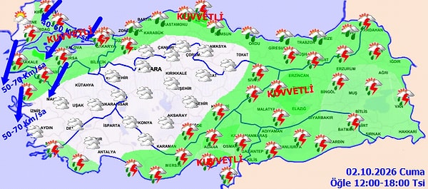 Meteoroloji'nin öğle 12.00-18.00 haritasında kuvvetli yağış ve 50-70 km/s rüzgâr uyarısı öne çıkıyor.