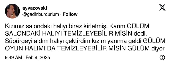 Halıyı temizleten babaya kızından 'gülüm, oyun halımı da temizler misin' talebi geldi