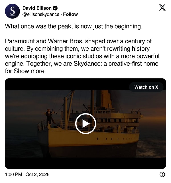 Paramount Skydance CEO'su David Ellison, merakla beklenen ismi 2 Ekim'de X hesabından duyurdu.