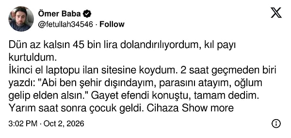 Sosyal medya kullanıcısı dolandırmaktan nasıl kıl payı kurtulduğunu anlattı👇🏻