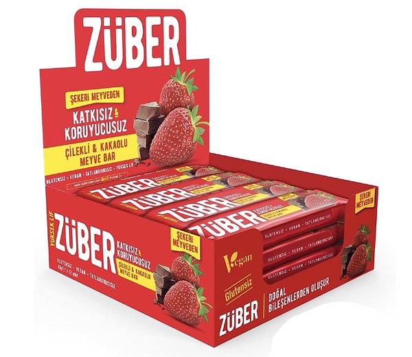 Züber çilekli ve kakaolu doğal meyve barı (12'li kutu) %51 indirimle net 397,78 TL!