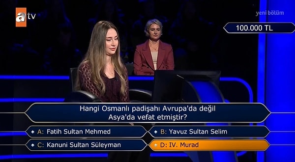 Kim Milyoner Olmak İster'de 100 bin TL'lik padişah sorusu yarışmacıya pahalıya patladı.