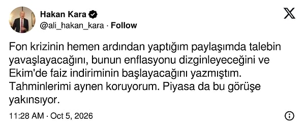 Ekonomist Hakan Kara'nın paylaşımı şöyle: