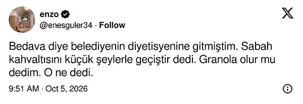 Belediyenin diyetisyenine granolayı soran kişi, cevabı hayal gücüne bırakınca alıntıların zirvesine yerleşti