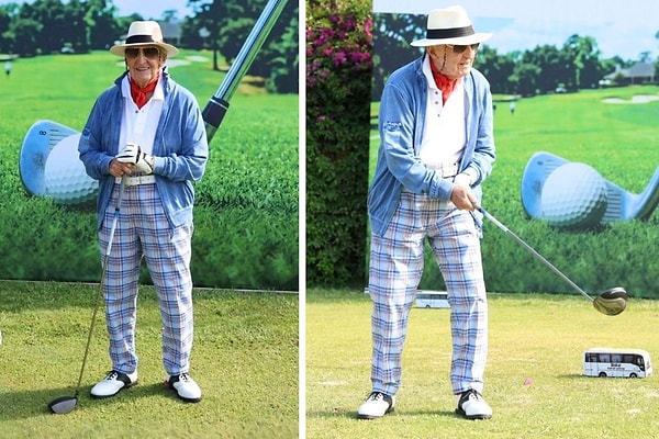 96 yaşındaki Rahmi Koç, golf etkinliğinde renkli ve özenli kombiniyle göz doldurdu.