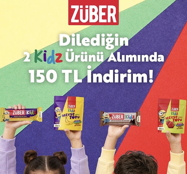 Züber Kidz çocuk ürünlerinde dilediğin 2 ürün alımına anında 150 TL indirim!