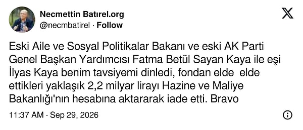 Batırel, çiftin iadeyi kendi tavsiyesiyle yaptığını öne sürüp "Bravo" dedi
