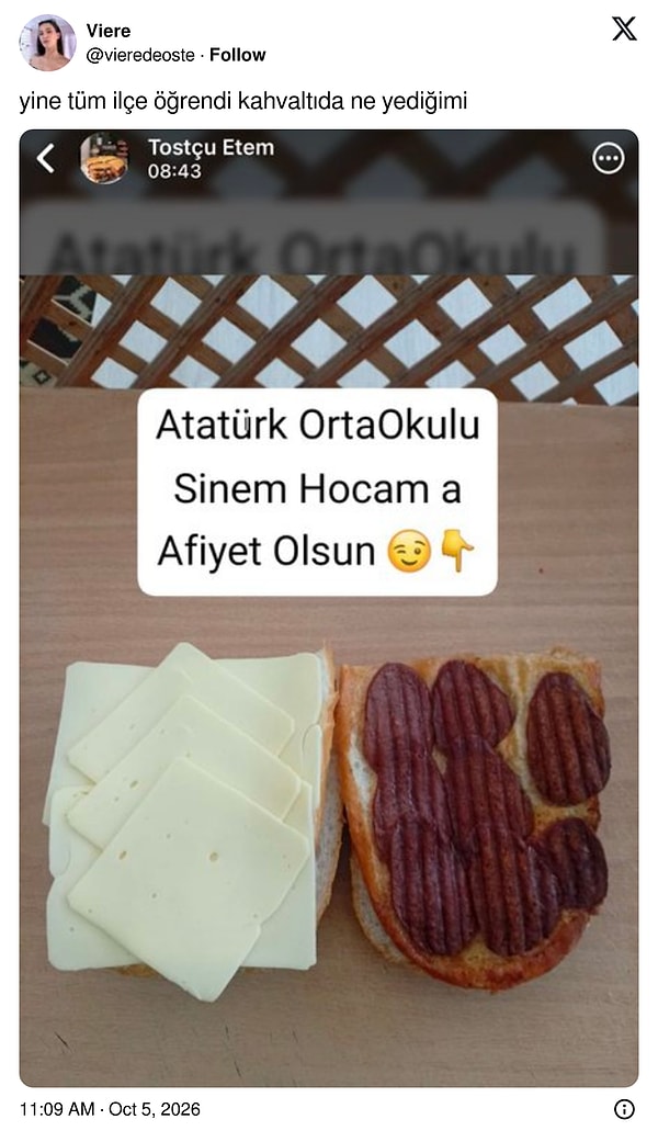 Hocaya afiyet olsun diye çekilen sandviç bütün ilçeye ilan oldu