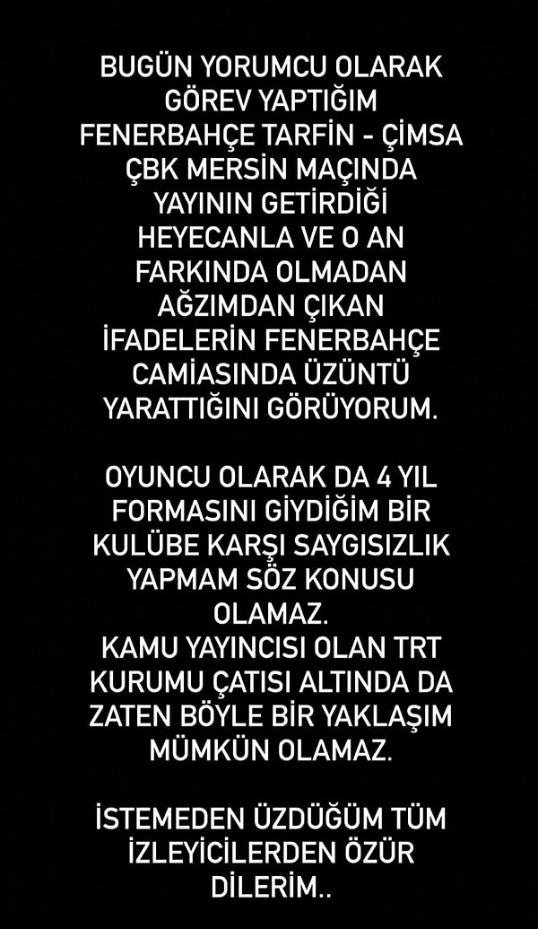 Nilay Kartaltepe, sosyal medyadan yayınladığı açıklamada Fenerbahçe camiasından özür diledi.