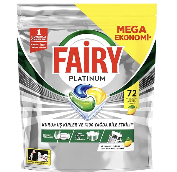 Fairy Platinum limon kokulu bulaşık makinesi kapsülü 72 yıkama %15 indirimle 624,89 TL yerine net 529,00 TL!