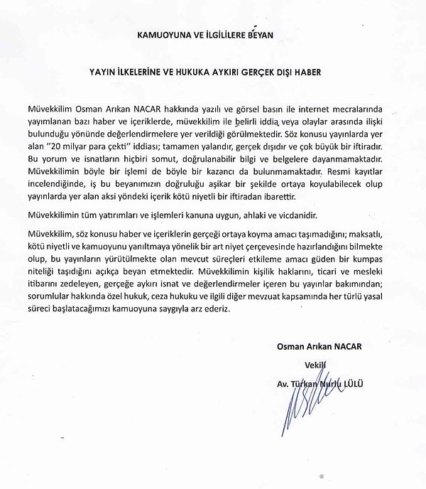 Medyada çıkan haberler sonrasında Osman Arıkan Nacar'ın avukatından şu açıklama geldi.