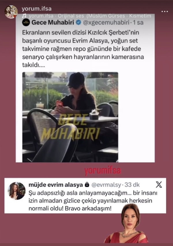 Bir kafede otururken görüntülenen Evrim Alasya, izni alınmadan çekilip paylaşılan o anlara tepki gösterdi.