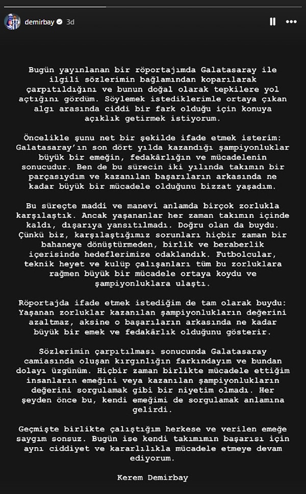 Kerem Demirbay daha sonra konuyla ilgili açıklama yayınladı.