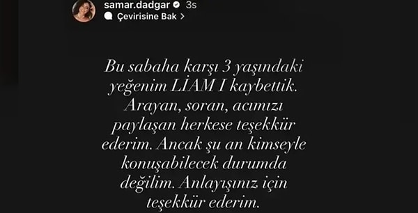 Samar Dadgar, 3 yaşındaki yeğeni Liam'ı kaybettiğini duyurdu.